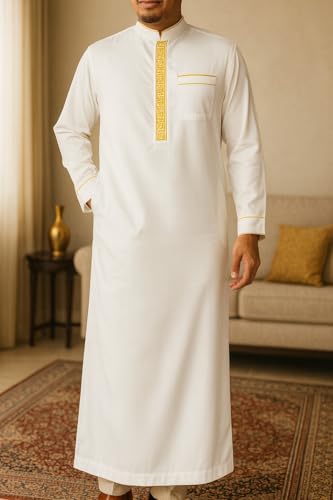 Traditional Men's Long Sleeve Thobe With Gold-tone Embroidery And Ankle Length Design - size: X-Large