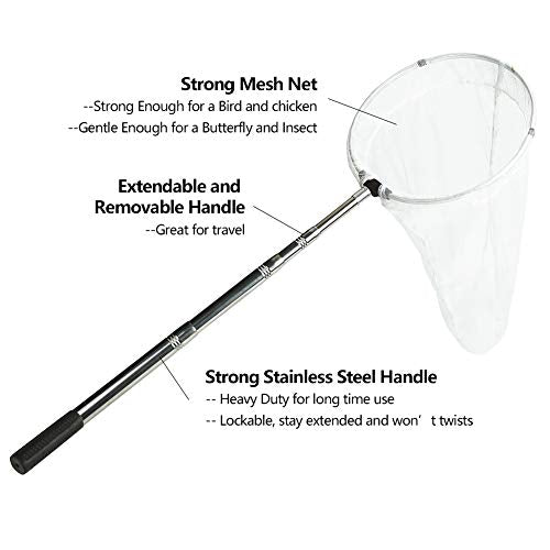 RESTCLOUD Insect and Butterfly Net with 12" Ring, 24" Net Depth, Handle Extends to 59 Inches - size: 12" Ring, 38" Strong Stainless Handle