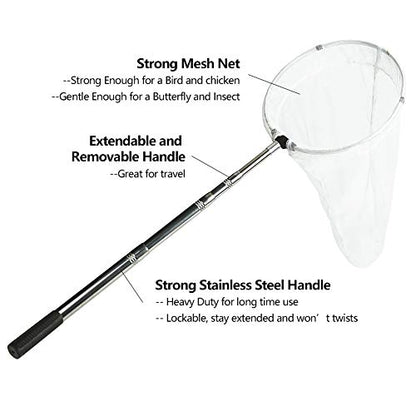 RESTCLOUD Insect and Butterfly Net with 12" Ring, 24" Net Depth, Handle Extends to 59 Inches - size: 12" Ring, 38" Strong Stainless Handle
