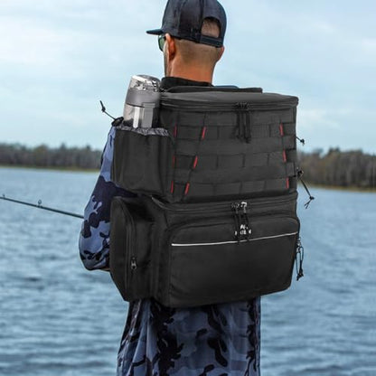 MATEIN Fishing Backpack, Tackle Storage Bag with Rod Holders & Cooler | Water Resistant Fishing Bag Fits 4 3600 Trays, Large Wide Open Tackle Box Backpack, Gifts for Fishermen - color: Black