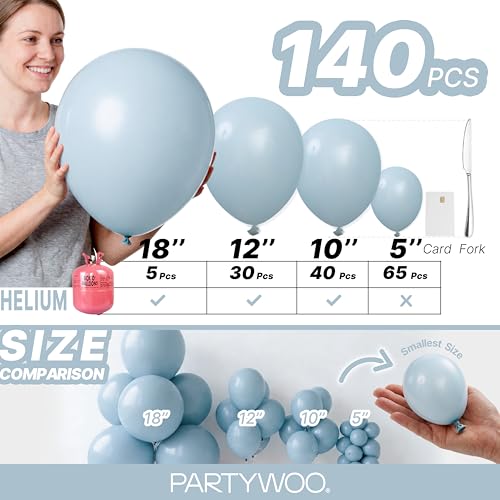 PartyWoo 더스티 블루 풍선 140피스 다양한 사이즈 45.7cm(18인치), 30.5cm(12인치), 25.4cm(10인치), 12.7cm(5인치), 라이트 블루 아쿠아 보헤미안 풍선 아치 키트 가랜드, 졸업 베이비 샤워, 성별 공개 생일 파티 장식, 블루-F28 - color: 블루-f28