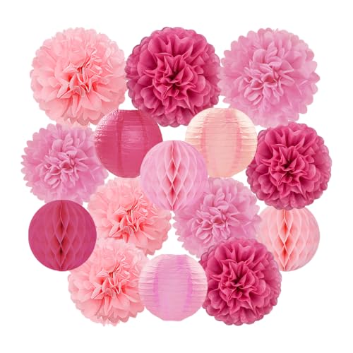 Hot Pink Paper Flowers Tissue Pom Poms Honeycomb Lanterns 15pcs Party Decorations for Birthday Bachelorette Women Girls Night Baby Shower Bridal Wedding Valentine Hanging Supplies Mprocherify - color: Pink
