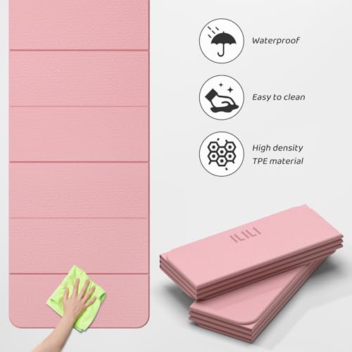 ILILI Foldable Yoga Mat 71 * 24 * 0.3 Inch | Lightweight TPE Non Slip Exercise Mat, Waterproof Portable Fitness Mat for Home Gym, Pilates, Stretching & Daily Workouts - color: Light Pink