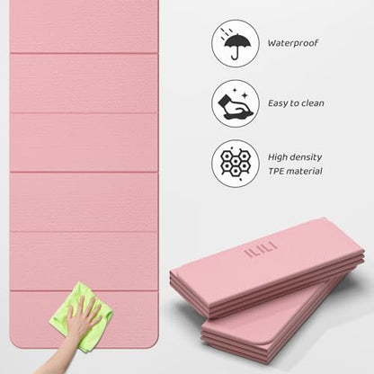 ILILI Foldable Yoga Mat 71 * 24 * 0.3 Inch | Lightweight TPE Non Slip Exercise Mat, Waterproof Portable Fitness Mat for Home Gym, Pilates, Stretching & Daily Workouts - color: Light Pink