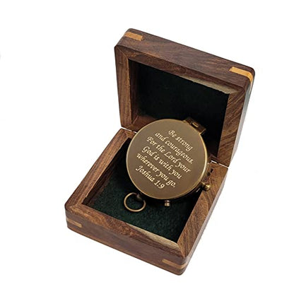 Personalized Compass Gift for Baptism, Confirmation | Religious Keepsake Engraved with Bible Verse | Optional Wood Box with Plaque Available | Gift Box Included - style: Joshua 1:9
