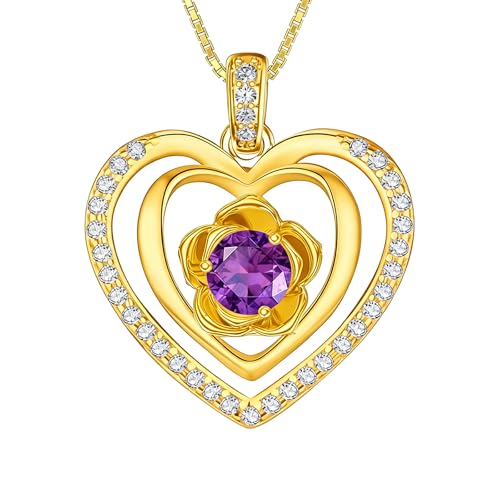 18K Yellow Gold Rose Birthstone Necklace 12 Months Rose Flower Birthstone Necklace Birthday Jewelry Gifts for Women Mom Her - color: 02-February
