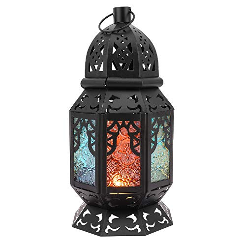 Lewondr Ramadan Lantern Decoration, Glass Moroccan Bookshelf Lantern, Retro - color: Black&colorful - B