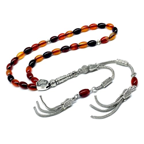 -Prestige Series -2- (9x6mm 33 Beads) Worry Beads-Prayer Beads-Tesbih-Tasbih-Tasbeeh-Misbaha-Masbaha-Subha-Rosary (Oval Red-Black Agate Stone Prayer Beads) - color: Oval Red-Black Agate Stone Prayer Beads