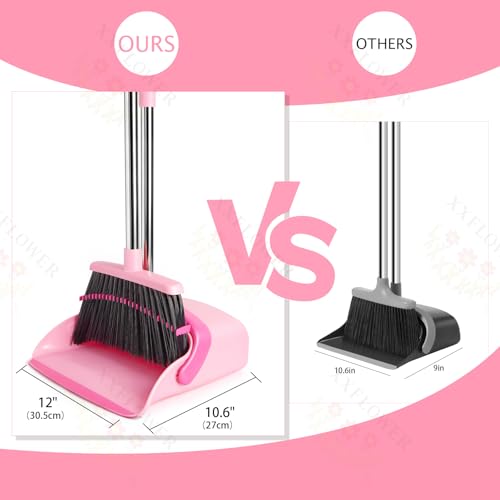 Broom and Dustpan Set, Dustpans with Broom Combo for Home, Heavy Dust Broom and Dustpan Combo, Long Handle Dust Pan and Broom Set for Kitchen, Office, Pet Hair,Pink, Pack of 1 - color: Pink