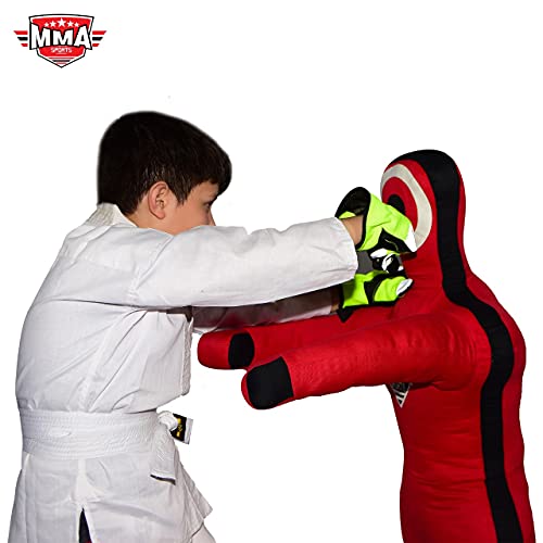 Kids Grappling Standing Dummy - Unfilled – Wrestling, Jiu-Jitsu, MMA Training Dummy with Moveable Arms and Legs – Durable Polyester Fabric - color: Red-Stand, size: 4 ft-49 Inch
