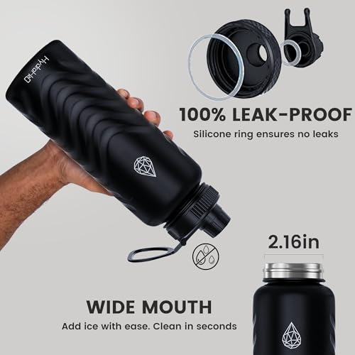 24oz Stainless Steel Insulated Water Bottle, 48H Cold & 24H Hot, Leak-Proof Wide Mouth Lids (Straw & Spout), BPA-Free Bottles, Mens Water Bottle for Gym, Hiking, Travel - Black - color: Black, size: 24 Ounces