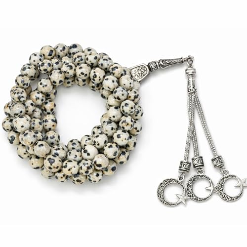 Amazing Gemstone Dalmatian Jasper Tasbeeh with Moon and Star Charm - Certified Crystal Muslim Prayer Beads Natural Gemstone Tasbih Gift for Ramadan Dhikr and Daily Namaz (S) - color: Dalmatian Jasper