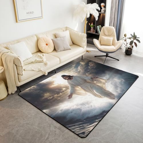 Manfei God Western Kids Area Rug,Bible Verse Original Artwork Faith Indoor Floor Mat Entrance Rug for Girls Boys,Sea Waves Ocean Nature Non Slip Rug,Blue Black Couch Living Room Decor,5'x6'6'' - color: Blue Black, size: 4'11" x 6'7" (Rectangular)