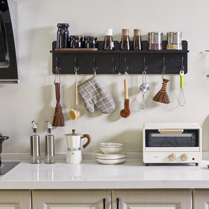 YMYNY 31.5" Coat Rack Wall Mount with Shelf and 8 Hooks, Black, HWS006B-2 | 2 Pack Coat Hooks Key Holder Wall Mount, Wood Wall Mounted Coat Rack with Wall Hooks for Hanging, Towel Hooks for Bathroom - color: Black