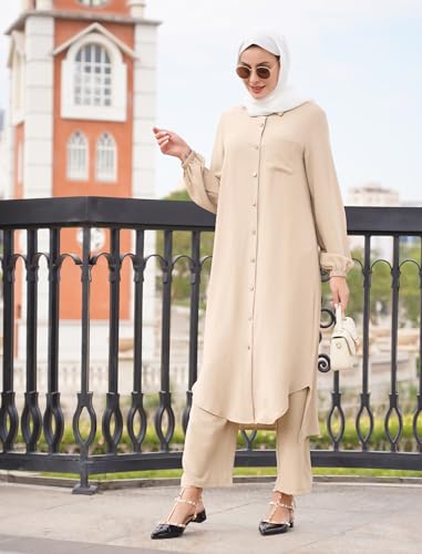 ODIZLI Women's Muslim 2 Pieces Sets Long Sleeve Button Down Shirt and Pants Abaya Casual Dress Dubai Outfits - color: Champagne, size: Large