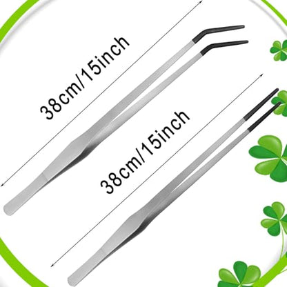 2Pcs Reptile Feeding Tong with Rubber Tip Aquarium Tweezers Stainless Steel Straight Curved Feeding Tong Long Handle Terrarium Feeder Tool for Tank Lizards Bearded Dragon Spider Snake (Silver, 15Inch) - size: 15Inch