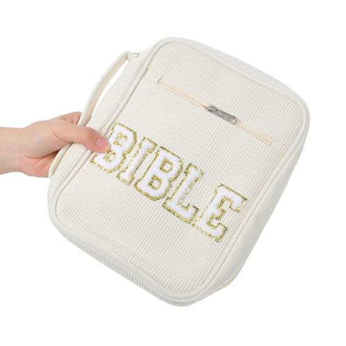 Bible Versatile Storage Carrying Case with Zippered Pocket Beige and Portable Carry Handle, Corduroy Material Bible Pouch with Dedicated Pen Slots for Temple Scriptures