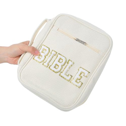 Bible Versatile Storage Carrying Case with Zippered Pocket Beige and Portable Carry Handle, Corduroy Material Bible Pouch with Dedicated Pen Slots for Temple Scriptures