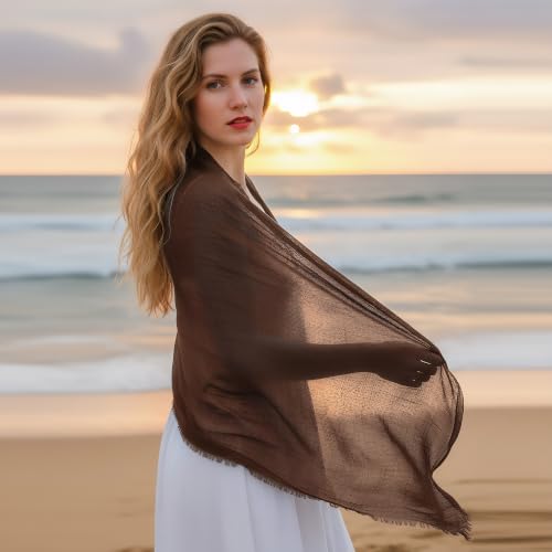 Nydotd Women Summer Cotton Linen Scarf Crinkle Long Beach Shawl Wrap hijab with Fringe - color: Dark Brown