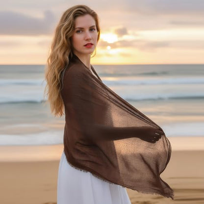 Nydotd Women Summer Cotton Linen Scarf Crinkle Long Beach Shawl Wrap hijab with Fringe - color: Dark Brown