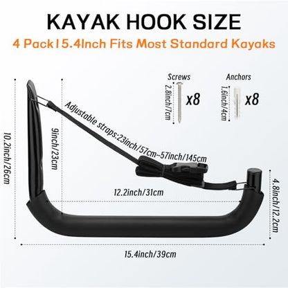 Kayak Storage Rack, Heavy Duty Wall Mount Kayak Hanger for Secure Storage, Garage Hooks for Kayaks, SUP Paddle Boards, Canoes, Surfboards - size: 10.6" x 15.5", Pack of 4