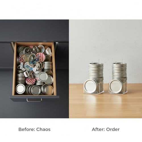 2 Pack Mason Jar Lid Organizer, Acrylic Storage for 12 Wide & 12 Regular Mouth Lids and Rings, Space-Saving Holder for Cabinet or Countertop