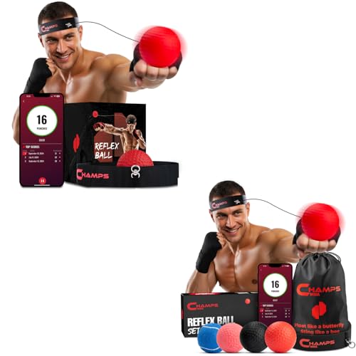 Champs MMA Boxing Reflex Ball Bundle with Punch Counter App | 4-Ball Set + Advanced Reflex Ball | Improve Speed, Agility & Hand-Eye Coordination | Adjustable Headband & Spare Strings | Boxing & MMA