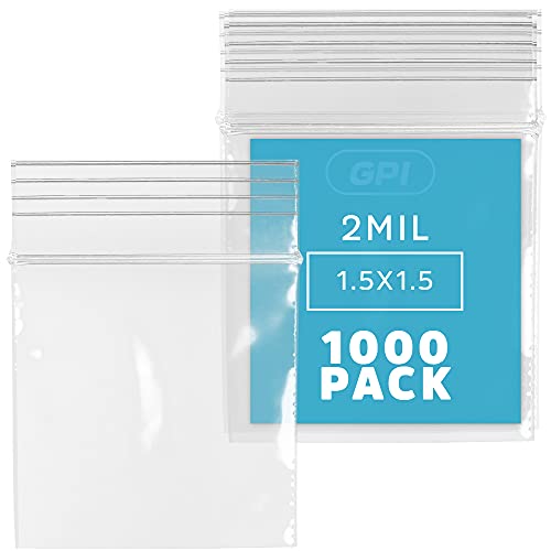 GPI - 1000 Count, 1.5" x 1.5" Clear Plastic Reclosable Zip Bags, 2.5 Mil Thick, Strong & Durable Poly Baggies with Resealable Zip Top Lock for Travel, Storage, Packaging & Shipping - size: 1.5" x 1.5"