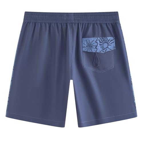 maamgic Mens Swim Trunks - Mens Bathing Suit with Compression Liner 7 Inch Quick Dry Fshion Stretch Zipper Pockets Swimwear - color: Blue Grey-navy Blue-ocean Sun, size: Small