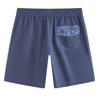 maamgic Mens Swim Trunks - Mens Bathing Suit with Compression Liner 7 Inch Quick Dry Fshion Stretch Zipper Pockets Swimwear - color: Blue Grey-navy Blue-ocean Sun, size: Small