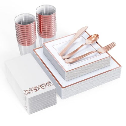 FOCUSLINE 175 Count Rose Gold Dinnerware Set for 25 Guests - Square Plastic Plates with Rose Gold Rim, Includes 25 Disposable Dinner & Dessert Plates, Napkins, Cups, Cutlery Set for Wedding Parties - color: Rose Gold Rim Square Plates