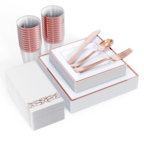 FOCUSLINE 175 Pieces Rose Gold Square Dinnerware Set for 25 Guests - color: Rose Gold Rim Square Plates