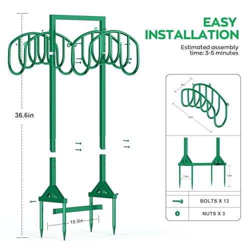 Garden Water Hose Holder Holds 2 * 150Ft Hoses, Heavy-Duty Metal Freestanding Hose Holder with 4 Spikes, Rustproof Garden Hose Hanger Storage for Outside, Yard, Lawn - color: Green