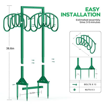 Garden Water Hose Holder Holds 2 * 150Ft Hoses, Heavy-Duty Metal Freestanding Hose Holder with 4 Spikes, Rustproof Garden Hose Hanger Storage for Outside, Yard, Lawn - color: Green