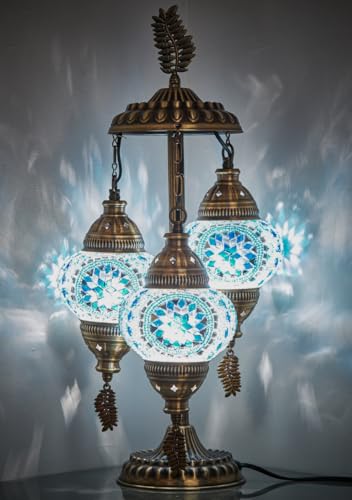 DEMMEX 3-Globe Turkish Moroccan Table Lamp, Tiffany Mosaic Glass Bedside Night Light, Handmade Colorful Mosaic Glass Globes & Antique Brass Finish Base, 21" H, Sky Blue & White - color: SkyBlue&White