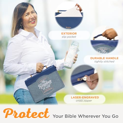 Christian Art Gifts Vegan Leather Fashion Bible Cover Carry Case for Women: Seek First the Kingdom of God - Mat. 6:33 Inspirational Scripture Verse w/Pockets, Pen Storage & Gold, Metallic Blue, Medium - size: Medium