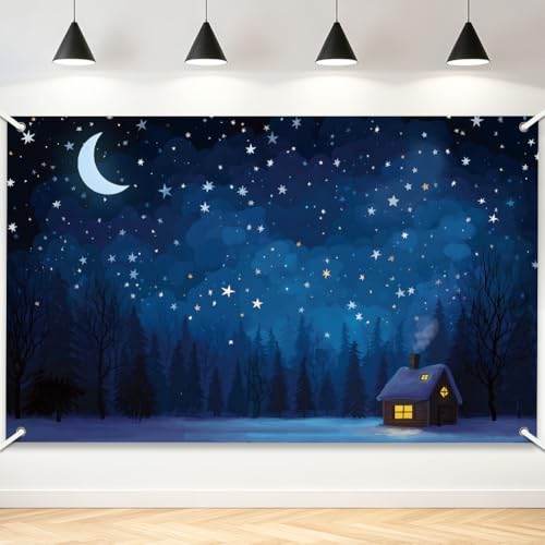 Winter Wonderland Night Backdrop Starry Night Sky Snowflakes Party Decorations Moon Stars Trees Pine Forest Snow Scene Photography Backgrounds Christmas New Year Party Supplies 5.9×3.6ft - color: dark blue