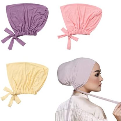 3 Pieces Adjustable Muslim Inner Under Hijab Cap with Ties Back Islamic Under Scarf Bonnet Caps Chemo Cap - color: Purple
