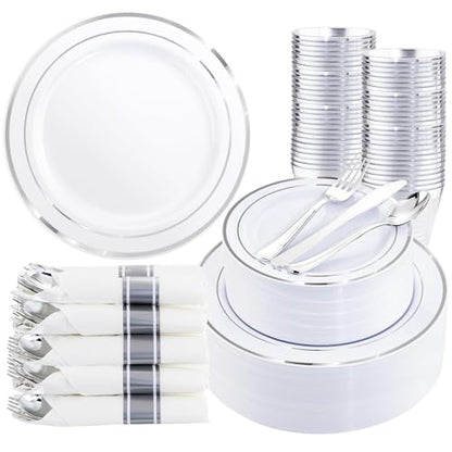 WDF Partyware 350Piece Silver Plastic Dinnerware Set for 50 Guests - Silver Plastic Plates with Cutlery Include:50Dinner Plates-50Dessert Plates-50Pre Rolled Napkins with Silverware Party Wedding - color: White and Silver, size: 350
