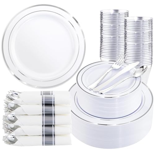WDF Partyware 350Piece Silver Plastic Dinnerware Set for 50 Guests - Silver Plastic Plates with Cutlery Include:50Dinner Plates-50Dessert Plates-50Pre Rolled Napkins with Silverware Party Wedding - color: White and Silver, size: 350