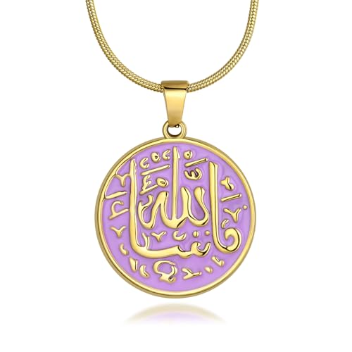 Hipunk Islamic Allah Pendant Necklace - 316L Stainless Steel Round Coin Medallion Gold-Tone Arabic Adjustable Snake Chain Muslim Gift Men Jewelry - color: purple