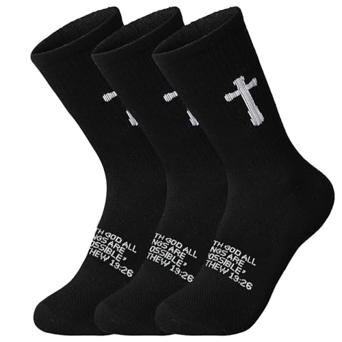 3 Pairs Christian socks Prayer socks Birthday Gifts for Dad,Men Husband Grandp Fathers Day Christmas - color: Matthew 19:26 - Black