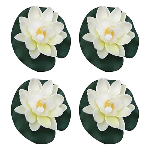 4Pcs Floating Foam Lotus Flowers with Lily Pads, Artificial Pond Plants Ornaments for Pool Aquarium Water Decoration
