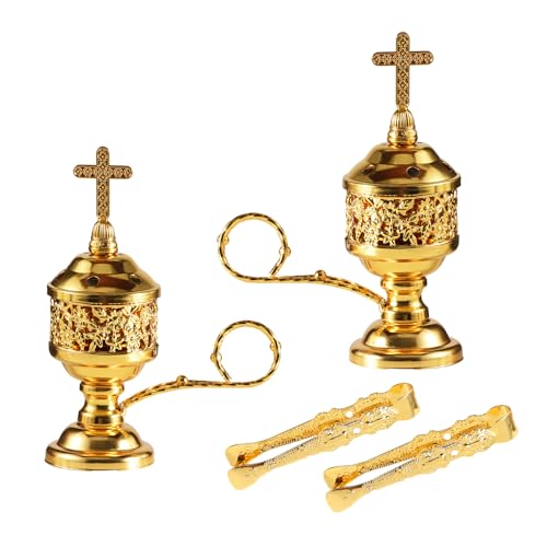 2PCS Gold-Finish Bakhoor Incense Burner with Tong for Charcoal and Resin - color: 2 Pcs Gold With Tong