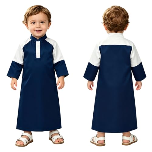 Hansber Arabic Prince Costume Baby Boys Muslim Islamic Kaftan Thobe Long Sleeve Robe for Halloween Party - color: Navy Blue, size: 3-4T
