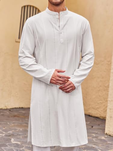 Runcati Mens Kaftan Thobe Button Down Henley Shirts Robe Long Sleeve Casual Cotton Pleated Muslim Gown Shirt - color: White, size: Medium
