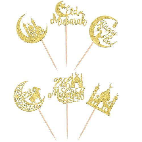ZHUOWEISM 24 PCS Eid Mubarak Cupcake Toppers Glitter Moon Star Ramadan Kareem Happy Eid Islamic Muslim Theme Party Cake Decorations Supplies Gold - color: Design 5 Gold