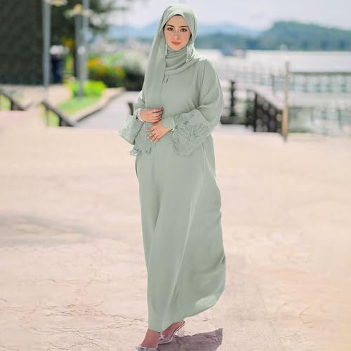 Prayer Clothes for Muslim Women Long Sleeve One-Piece Islamic Prayer Dress O Neck Slim Fit Islamic Evening Gown - color: Light Green, size: Medium