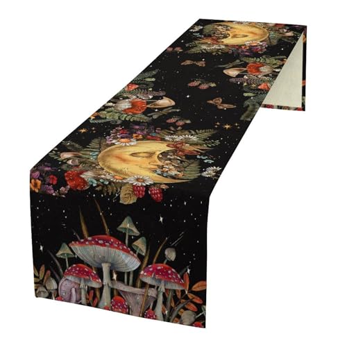 Gothic Mushroom Moon Table Runner, Floral Moonlit Fantasy Plants Table Decoration for Kitchen Dining Holiday Party Cabin Cafe Wedding 13x36in - color: Moon-3, size: W13''xL36''