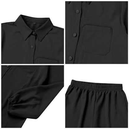 Women's Muslim 2 Pieces Sets Long Sleeve Button Down Shirt and Pants Abaya Casual Dress Dubai Outfits - color: Black, size: Large